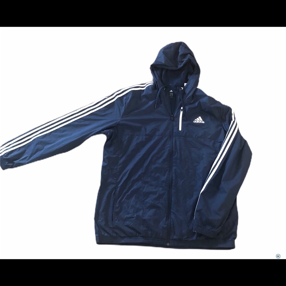 Adidas Essential 3 Stripes Navy Windbreaker XLT Full Zip Spring Weather Hoodie